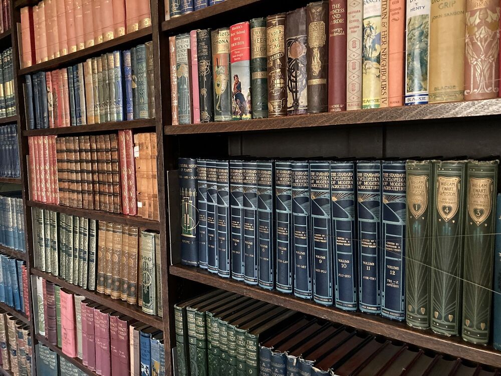 Shelves and shelves of leather-bound books fill a bookcase wall. The book spines nearly all feature decorative elements in the 'Glasgow Style' from the early 20th century.