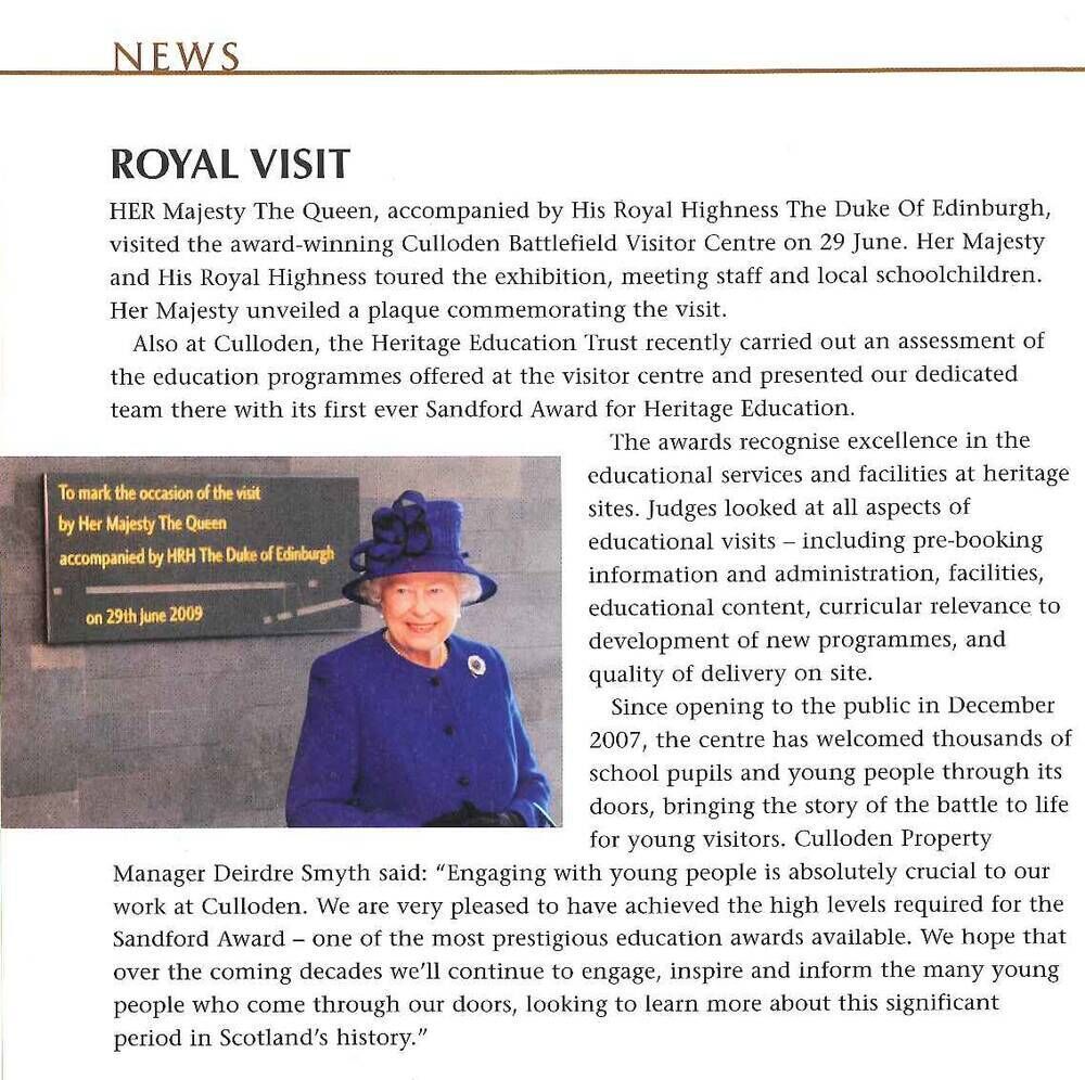 Extract of NTS magazine describing the Queen's visit to Culloden along with a picture of her with a plaque