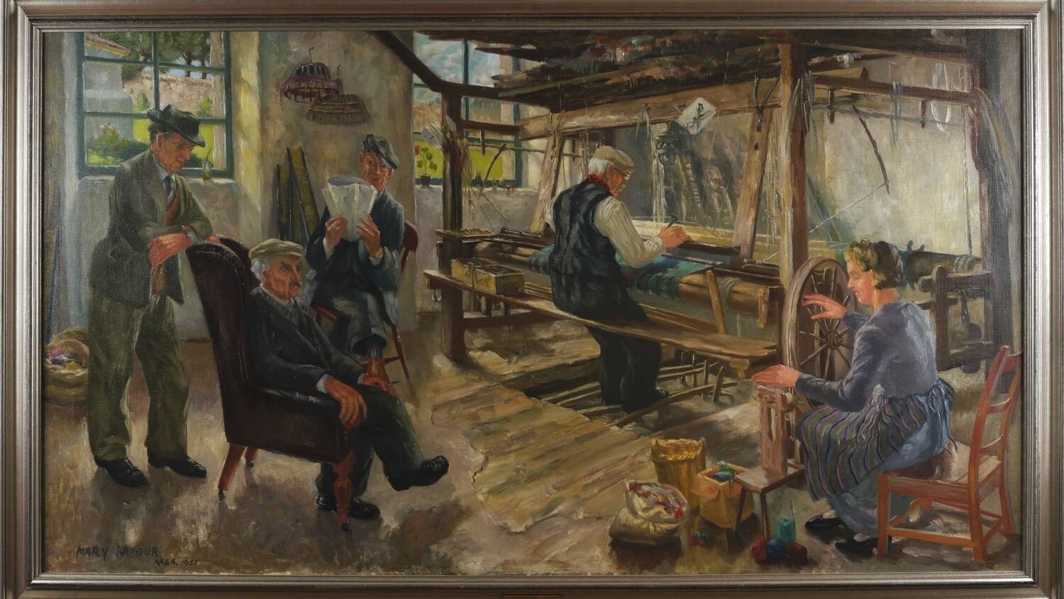 An oil painting of a group of people in a weaving workshop. An old man sits at the wooden loom, adjusting the threads. A woman sits nearby, at a spinning wheel. A group of three men gather at the other side of the room: one reads the paper, one sits on a chair looking at the loom, and the other leans against the back of the chair.