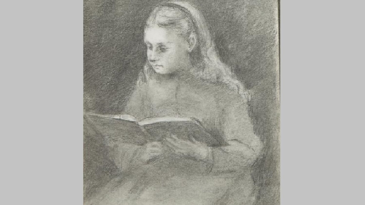 A pencil sketch of a young girl reading a book, possibly Caroline Louise Lorimer, by her sister Hannah Cassels Lorimer