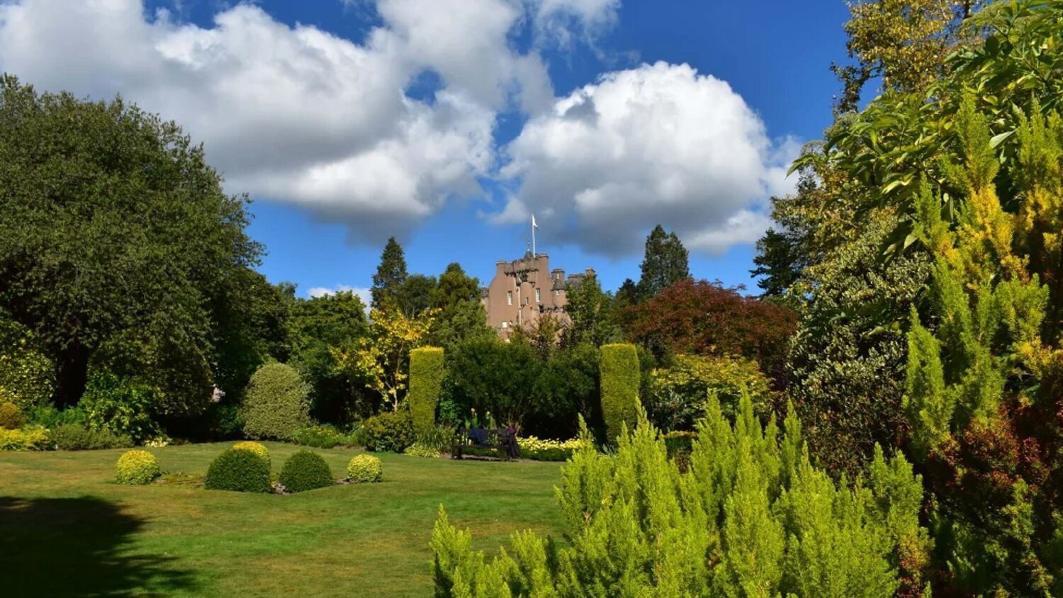 A view of the Golden Garden area at Crathes Castle, featuring a square of lawn surrounded by well-established conifers and shrubs. The castle can be seen in the background, with a white flag flying.