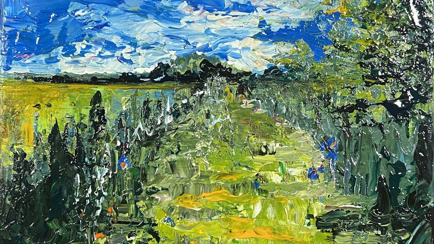 An abstract oil painting of a path through a green field on a sunny day. Tall blue poppies grow among the long grass.